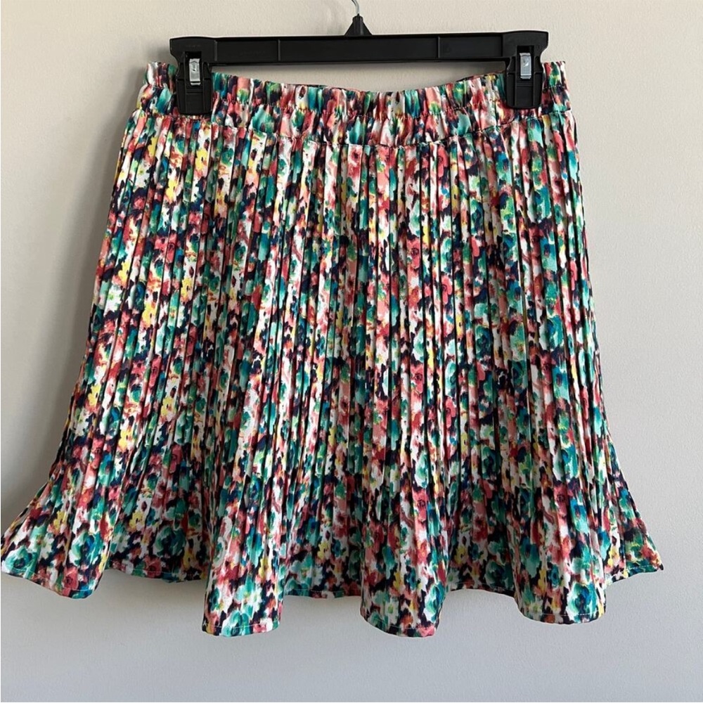 BP. Pleated A-Line Skirt Pink Green Abstract Floral Nordstrom M Pull On